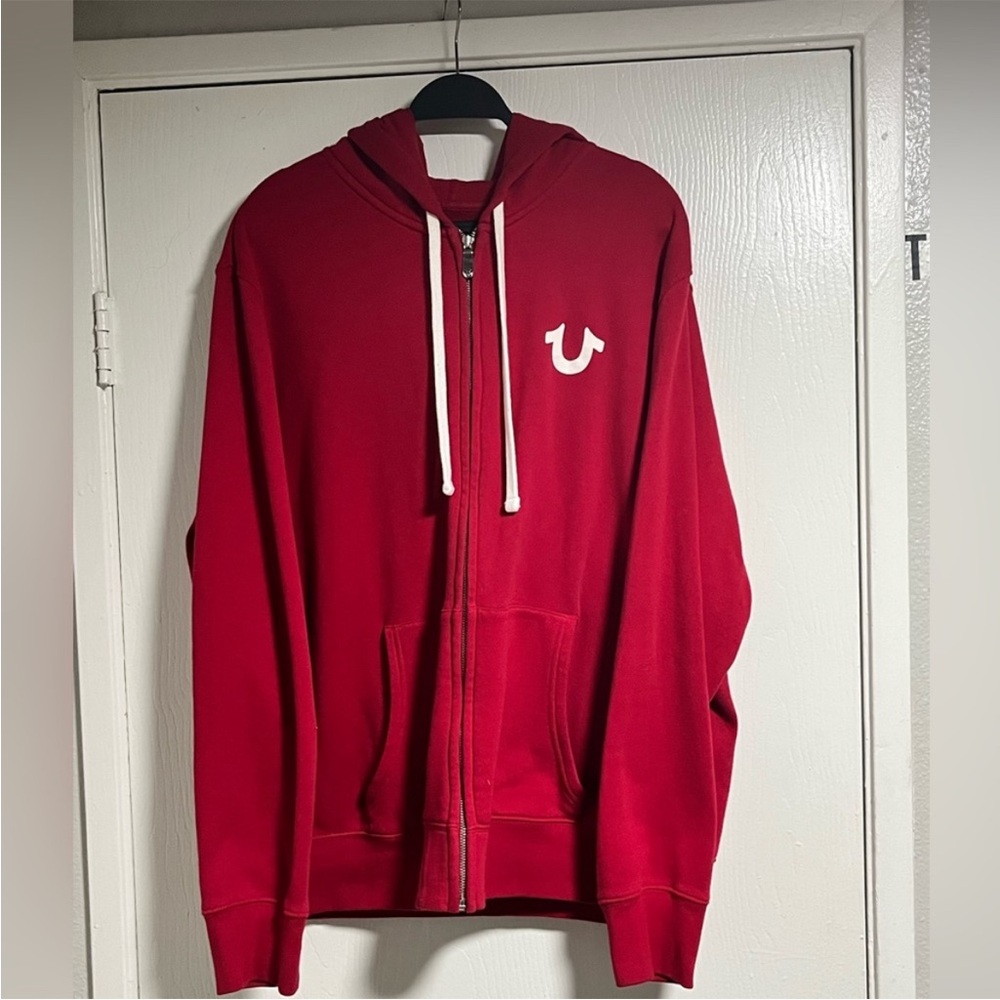 Red and White Zip-Up true religion Hoodie size 3xl